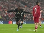 PSG's Ousmane Dembele celebrates after scoring during the Champions League quarterfinal second leg soccer match between Liverpool and Paris Saint-Germain