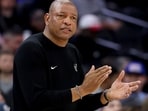 Doc Rivers reacts during the first half against the Philadelphia 76ers at Xfinity Mobile Arena on April 12, 2026 in Philadelphia, Pennsylvania.(Getty Images via AFP)