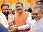 Bihar BJP president Sanjay Saraogi welcomes Bihar chief minister Samrat Choudhary at BJP office in Patna on Wednesday. (Santosh Kumar/HT)