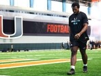 Rueben Bain Jr. #4 of the Miami Hurricanes participates in the 2026 Miami Pro Day at Carol Soffer Indoor Practice Facility in Coral Gables, Florida.