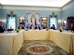 Secretary of State Marco Rubio, center, State Department Counselor Michael Needham, U.S. Ambassador to Lebanon Michel Issa, Lebanese Ambassador Nada Hamadeh Moawad, and Israeli Ambassador Yechiel Leiter at the start of working level peace talks in Washington.