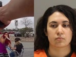 Noemi Guzman's mugshot from a 2024 arrest (R) and Guzman seen with the 3-year-old in the police bodycam video. 