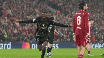 PSG's Ousmane Dembele celebrates after scoring during the Champions League quarterfinal second leg soccer match between Liverpool and Paris Saint-Germain (AP) PSG's Ousmane Dembele celebrates after scoring during the Champions League quarterfinal second leg soccer match between Liverpool and Paris Saint-Germain (AP)