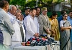 Congress president Mallikarjun Kharge addresses a press conference after a meeting of INDIA bloc leaders at his residence at 10, Rajaji Marg in New Delhi, India, on Wednesday
