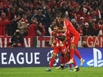 Bayern Munich forward Luis Diaz (L) celebrates with Dayot Upamecano (C) and Jonathan Tah (R) after scoring the equalizer