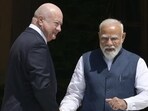 Prime Minister Narendra Modi, with Austria's Chancellor Christian Stocker ahead of their meeting at Hyderabad House in New Delhi, India, on Thursday (RAJ K RAJ /HT PHOTO)