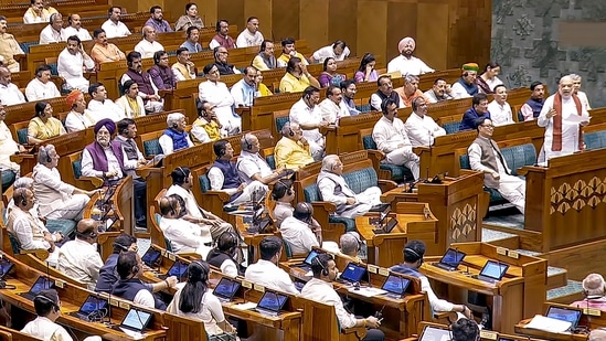 Union Home Minister Amit Shah speaks in the Lok Sabha during the Special session of Parliament, in New Delhi, Thursday, April 16, 2026. (Sansad TV )