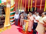 Chief minister Yogi Adityanath at the inauguration of a security building to enhance protection of Gorakhnath temple in Gorakhpur on Thursday. (ANI)