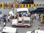 Citing prohibitory orders, GB Nagar police stopped a Samajwadi Party delegation led by opposition leader Mata Prasad Pandey from entering Noida on the DND Flyway on Friday. (Sunil Ghosh/HT Photo)