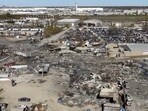 A drone view of the crash site next to a runway at the Muhammad Ali International Airport following the crash of a UPS cargo plane in Louisville, Kentucky, US in this screengrab from a video released November 7, 2025.