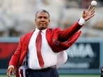 Former Los Angeles Angels outfielder Garret Anderson throws the ceremonial first pitch after he was inducted into the Angels Hall of Fame