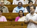 Leader of Opposition in the Lok Sabha Rahul Gandhi speaks in the House during the special session of Parliament in New Delhi on Friday. Also behind him is Priyanka Gandhi Vadra.