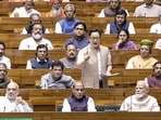 Prime Minister Narendra Modi, Union Ministers Amit Shah, Rajnath Singh, Nitin Gadkari, Piyush Goyal, Kiren Rijiju and Pralhad Joshi and other members amid voting on the women's reservation bill in the Lok Sabha during the Special session of Parliament, in New Delhi.