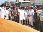 SAD president Sukhbir Singh Badal at the Khanna Grain Market in Ludhiana on Thursday. (Gurpreet Singh/HT)