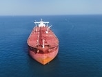 A drone view shows the Malta-flagged tanker Agios Fanourios I, an oil tanker that sailed through the Strait of Hormuz