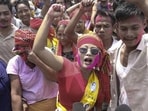 Supporters of Tipra Motha Party their victory in the Tripura Tribal Areas Autonomous District Council elections on Friday. (PTI)