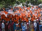 The demonstration underscored the mounting discontent among contractual workers, bank employees, ASHA workers and hawkers among others (Raju Shinde/HT Photo)