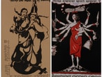 Two women dance like no one’s watching. The slogan reads: “There are no paths… paths are made by walking.” (Above right) A many-armed woman struggles under the weight of unshared labour. (Zubaan Archives)