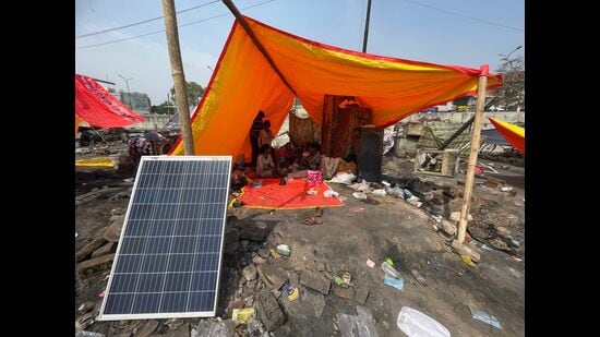 A solar panel, donated by a Good Samaritan, used for operating a fan in a tent. (HT Photo)