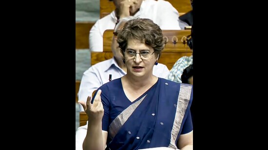 Congress MP Priyanka Gandhi Vadra speaks in the Lok Sabha during the Special session of Parliament, in New Delhi, Thursday, April 16 (Sansad TV via PTI)