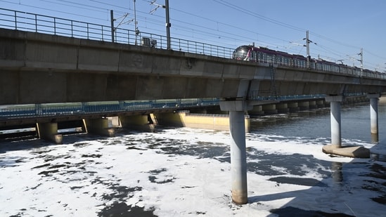 Toxic foam seen in the Yamuna river, Kalindi Kunj in New Delhi, India, on Monday, April 13, 2026. (Photo by Arvind Yadav/ Hindustan Times)