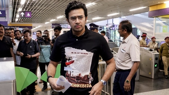 Bengaluru: BJP MP Tejasvi Surya arrives to interact with commuters at RV Road Metro Station over concerns regarding the proposed Bengaluru Metro fare revision, in Bengaluru, Karnataka, Sunday, Feb. 8, 2026. (PTI Photo)(PTI02_08_2026_000376A) (PTI)