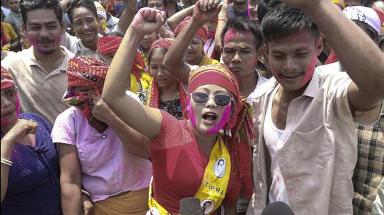 Supporters of Tipra Motha Party their victory in the Tripura Tribal Areas Autonomous District Council elections on Friday. (PTI)