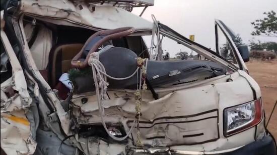 Wreckage of a vehicle is seen after a lorry collided with a tanker, in Mantralayam, Kurnool district, Andhra Pradesh, Thursday, April 16, 2026. Eight casualties are reported, according to officials. (PTI)