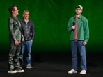 Cast member Robert Downey Jr., from left, director Joe Russo, and cast member Chris Evans of the upcoming film Avengers: Doomsday, speak during the Walt Disney Studios presentation at CinemaCon on Thursday, April 16, 2026, at Caesars Palace in Las Vegas. (AP Photo/Chris Pizzello)(Chris Pizzello/Invision/AP)