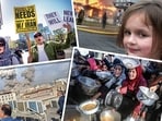 Anti-war protests in LA; Disaster Girl memes; starvation in Gaza; US-Israel missiles exploding in Tehran. (Images: Shutterstock, AP)
