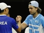 Argentia’s Marco Trungelliti shakes hands with South Korea’s Kwon Soon-woo after winning the match in the Davis Cup qualifiers in Busan, South Korea in February. (REUTERS)