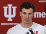 Fernando Mendoza #15 of the Indiana Hoosiers speaks to the media during the 2026 IU Pro Day