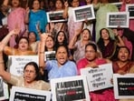 BJP MPs including raise slogans during a protest after the Constitution Amendment Bill to implement reservation for women in legislatures based on old census data was defeated in the Lok Sabha.