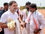 Congress MP and Lok Sabha LoP Rahul Gandhi with Telangana Deputy Chief Minister Mallu Bhatti Vikramarka, right, during a public meeting ahead of the Tamil Nadu Assembly elections, in Padianallur. 