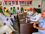 Sanyukt Kisan Morcha Punjab members during the meeting at Karnail Singh Ishru Bhawan in Ludhiana on Saturday. (Gurpreet Singh/HT)