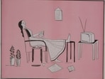 This poster bears no words, just a heartfelt wish. It shows a woman reclining in a sari, her feet up on a stool, a book in her hands and a cathode-ray TV on its stand in front of her. A cup of tea sits at her side, and she wears a carefree smile. (Courtesy Poster Women)