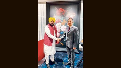 Punjab chief minister Bhagwant Mann greets India's ambassador to the Netherlands, Kumar Tuhin, in Amsterdam on Saturday. (CMO) Punjab chief minister Bhagwant Mann greets India's ambassador to the Netherlands, Kumar Tuhin, in Amsterdam on Saturday. (CMO)