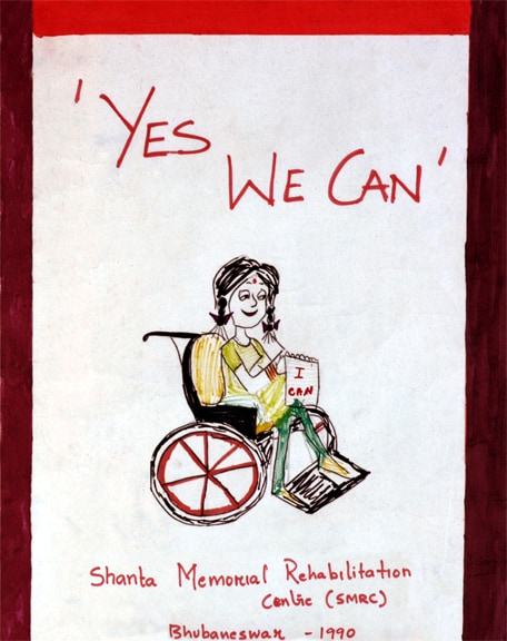 “Yes we can,” says a note held up by a smiling, wheelchair-bound woman in a 1990 poster created by Shanta Memorial Rehabilitation Centre (SMRC), Bhubaneswar. (Courtesy Poster Women)