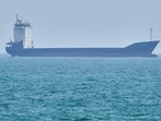 A tanker sits anchored in the Strait of Hormuz off the coast of Qeshm Island, Iran.