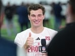 Indiana quarterback Fernando Mendoza gives a thumbs up after an interview with NFL Network