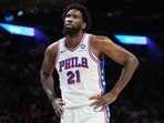 Philadelphia 76ers center Joel Embiid (21) reacts during the second half of an NBA basketball game against the Miami Heat
