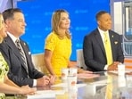 This image released by NBC shows co-host Savannah Guthrie, center, with colleagues, from left, Jenna Bush Hager, Carson Daly, and Craig Melvin