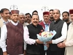 Union minister Jitendra Singh with leader of Opposition in HP assembly Jai Ram Thakur and others in Shimla. (Deepak Sansta/HT) Union minister Jitendra Singh with leader of Opposition in HP assembly Jai Ram Thakur and others in Shimla. (Deepak Sansta/HT)