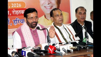 Haryana CM Nayab Singh Saini while addressing a press conference in Rohtak on Sunday. (Manoj Dhaka) Haryana CM Nayab Singh Saini while addressing a press conference in Rohtak on Sunday. (Manoj Dhaka)