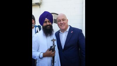 New Zealand Prime Minister Christopher Luxon with Akal Takht jathedar at Guru Nanak Sikh Sangat Gurdwara in Otahuhu, Auckland, on Sunday. (HT)