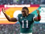 A.J. Brown #11 of the Philadelphia Eagles pumps up the crowd before the NFC Wild Card Playoff game against the San Francisco 49ers 