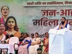 Bihar chief minister Samrat Choudhary addresses the 'Jan Aakrosh Mahila Sammelan' in Patna on Monday. (PTI)