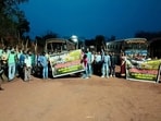 Blockade at SAIL’s Gua mines on Monday (HT PHOTO)