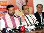 Haryana CM Nayab Singh Saini while addressing a press conference in Rohtak on Sunday. (Manoj Dhaka)