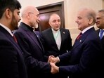 File photo of Pakistan PM Shehbaz Sharif with Iran's Parliament Speaker Mohammad Bagher Ghalibaf in Islamabad on April 11.